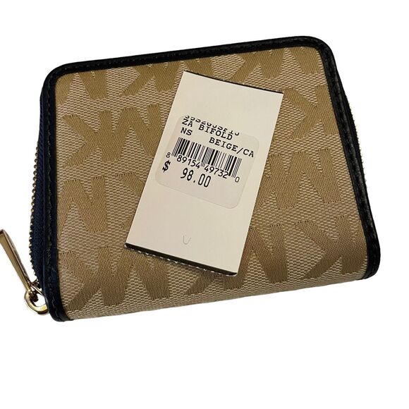 Michael Kors Bifold Wallet Small Zip Around Beige Camel Navy Blue Leather Trim - Picture 4 of 4